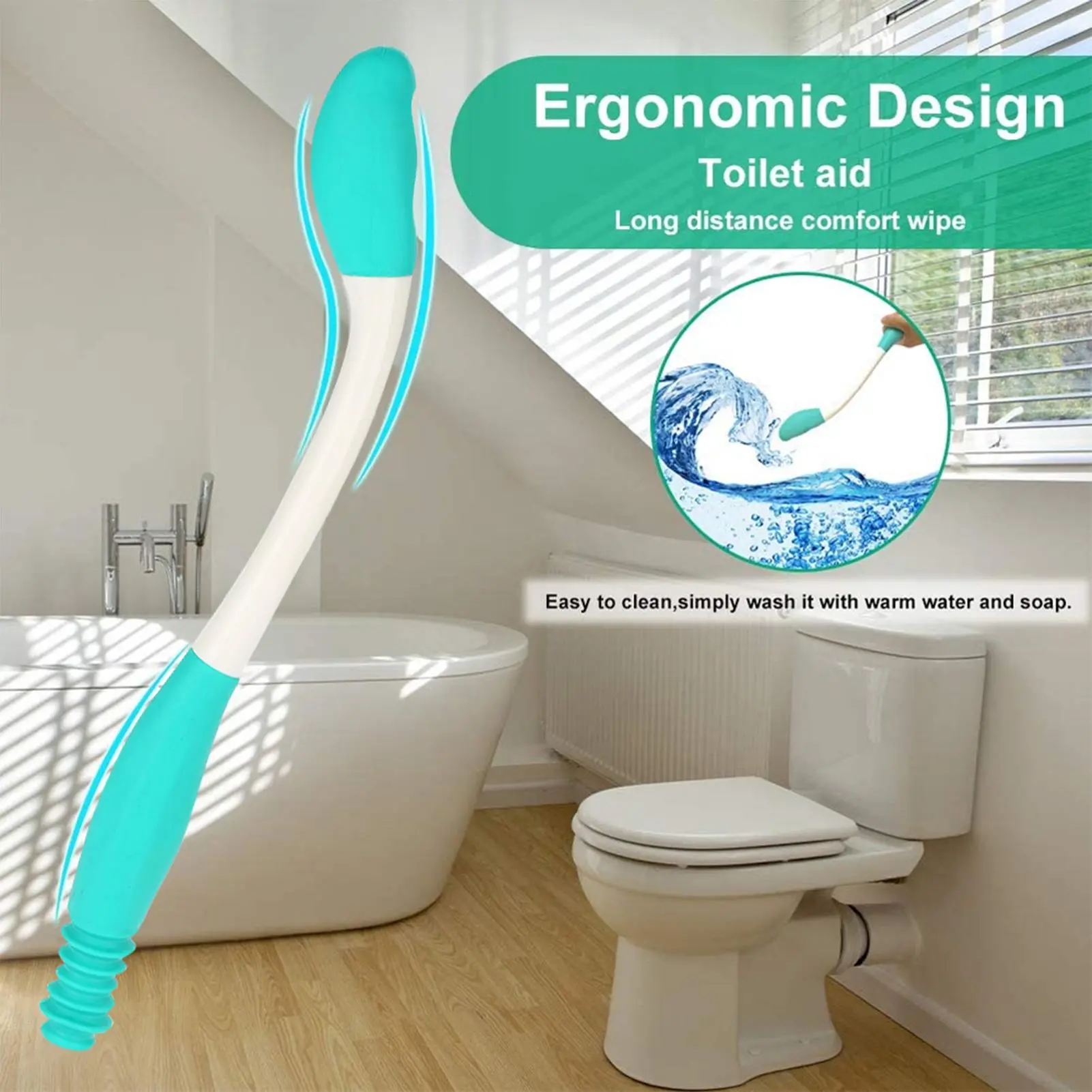 Ergonomic Design Long Handle Reach Comfort Bottom Wiper Holder Toilet Paper Tissue Grip Self Wipe Aid Helper Bottom Wiper with Button for Easy Removal Durable ABS & TPR Material Green Color