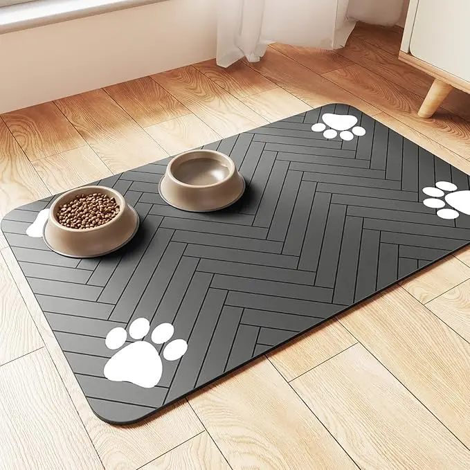 Dog & Cat Absorbent Feeding Mat - Spill Absorbs, Waterproof Rubber Backing, Quick Dry Placemat for Food and Water Bowls, 20"x12" Striped Dark Gray