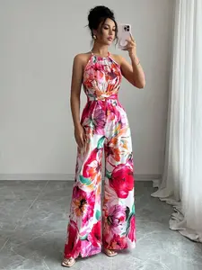 Elegant Women's Sleeveless Floral Romper, Ruched Waist Strapless Jumpsuit, Chic Printed Fabric Halter Neck, Perfect for Vacation and Daily Wear, Fit