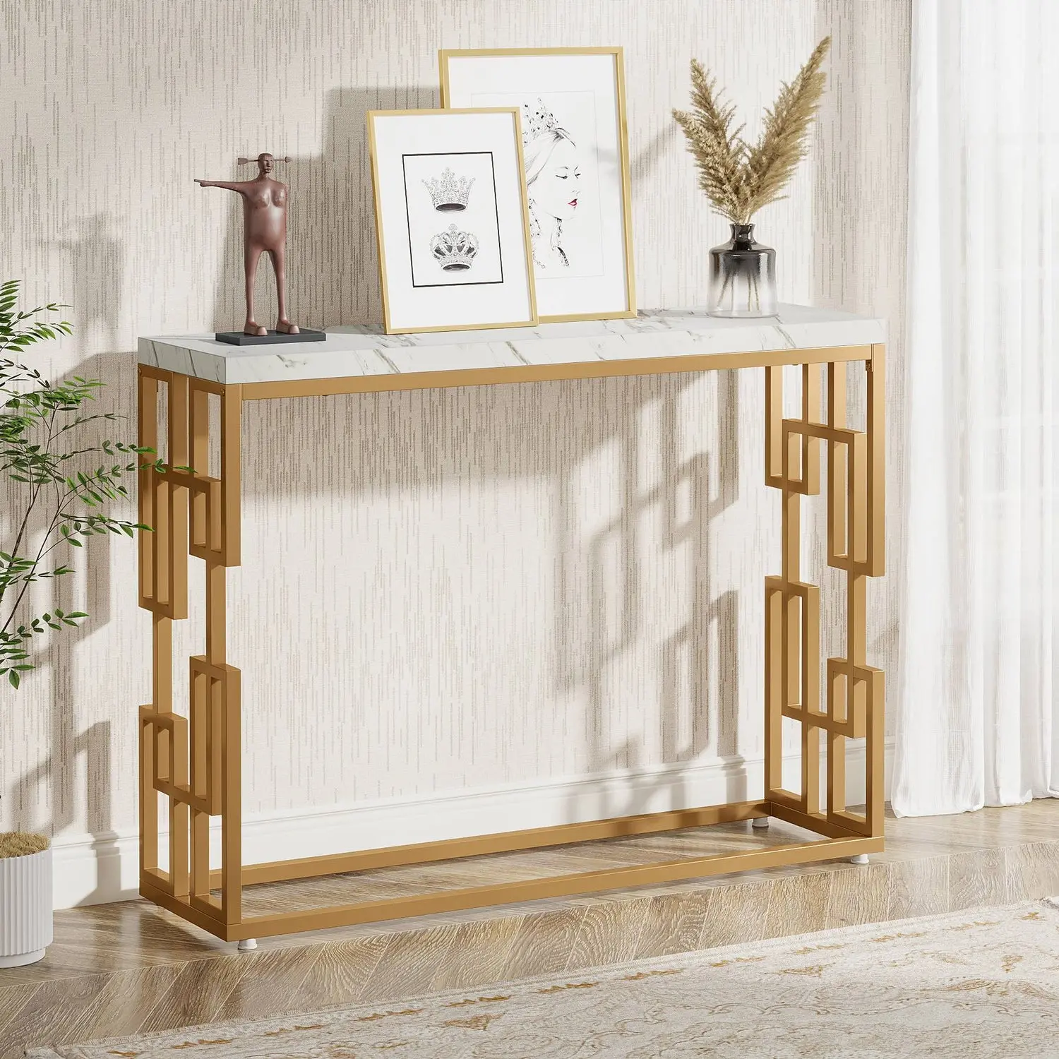 Spaco Gold-Accented Mixed-Material Multipurpose Pedestal Console Table with White Faux Marble Top - Modern Accent Table, Easy-Assembly Indoor Furniture for Entryway, Living Room, Multipurpose Pedestal Tables, Gold-Accented Pedestal Tables