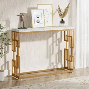 Gold Console Table with White Faux Marble Top & Gold Legs | Modern Sofa Table for Entryway, Hallway, Foyer | Behind Couch, Living Room | Easy Assembly