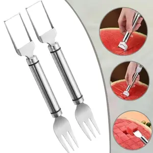 Dual-Action Stainless Steel Fruit Slicer & Serving Fork – 2-Pack Professional Watermelon Cutter Set (Instant Cube/Wedge Cutter）