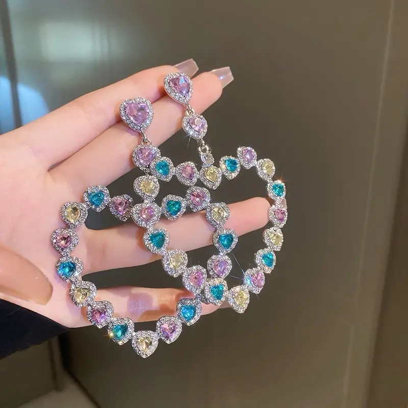 Boho Large Crystal Heart Dangle Earrings Oversized Heart Earrings Gold Gemstone Hearts Earring Hearts Long Drop Earring Bridal Chandelier Dangle Hollow Love Stud Jewelry for Women