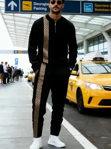 Casual Trendy Men's Half Zip Stand Collar Sweatshirt + Cuffed Joggers Sports Casual Two-Piece Set