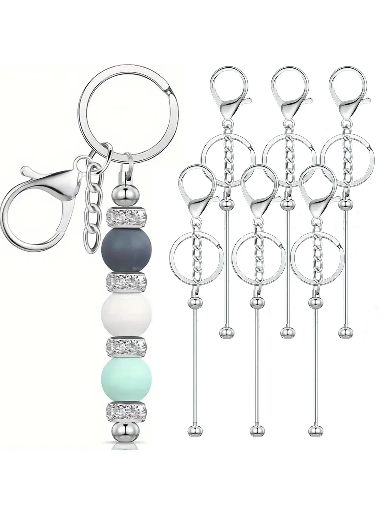 6 Piece Beaded Keychain Set, DIY Keyring Making Materials, Silver Color Metal Beads Blank Keychains, Handmade Jewelry Accessories, Trendy Cute Keychain, Stylish Keychain, Fashionable Alloy Keychain