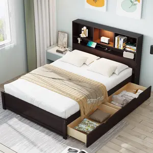 Espresso Twin Size Wood Platform Bed with Bookcase Headboard, Built-in Downlight, Charging Station, and 2 Side Drawers