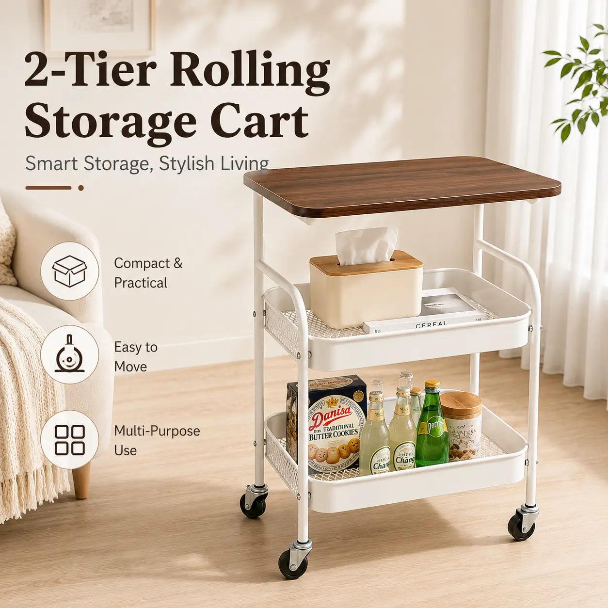 2-Tier Rolling Storage Cart with Wood Top, Mobile Utility Organizer Cart with 360° Swivel Wheels, Metal Mesh Shelves, Space Saving Storage Trolley for Kitchen, Bathroom, Bedroom, Living Room & Dorm