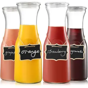Set of 4 Glass Carafe with Lid, 1 Liter Beverage Serveware Carafe, Clear Glass Pitcher for Mimosa Bar, Brunch, Cold Water, Juice, Milk, Iced Tea, Lemonade