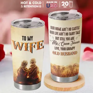 Gifted Boom - My Queen Forever 20 Oz Stainless Steel Tumbler - Valentines gift for her, Vintage Anniversary Gift From Grumpy Old Husband, Romantic Cup For Wife, Drinkware