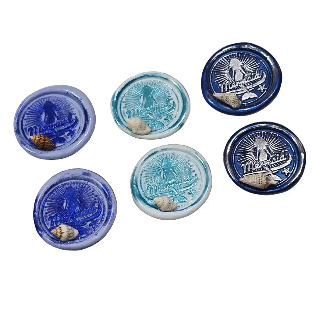 Handmade Elegant and Enchanting Mermaid Blue Melody Envelope Wax Seals with Shells - 6-Piece Adhesive Set for Letters, Cards, Any Occasion
