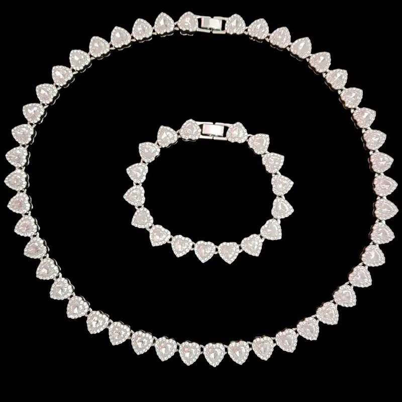 2Pieces/Set 10mm Love Heart Shape Chain Necklace and Bracelet Men or Women Hip Hop Iced Out Bling Bling Chain Necklace and Bracelet Fashion Set Jewelry Valentines Gift Jewelry Sets