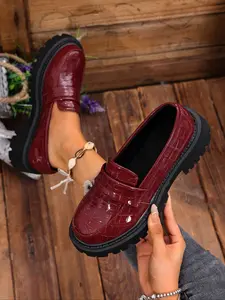 Women's Simple Flat Shoes, Fashion Punk Round Toe Mid Heel Rubber, Comfortable & Stylish Casual Wear, Versatile Everyday Footwear, PU Leather Loafers