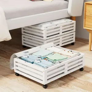 Bamboo Under Bed Storage Containers- Underbed Organizer with Wheels with Large Capacity Dust Bag,Sturdy Wood Rolling Under Bed Shoe Storage Organizer Drawer 2 Packs (White, Small) Boxes Cover