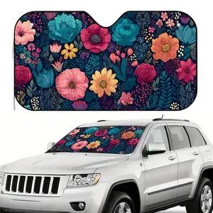 1pc, Vibrant Floral Canvas Print Car Windshield Sun Shade, Foldable Front Sun Visor, Simple Design, Ideal for Daily Use, Helps Maintain Comfortable Interior Temperature, Car Windshield Sunshade