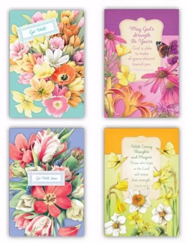 212 MAIN Boxed Get Well Pre-Printed Theme Greeting Cards (77682) - 12-Pack with Marjolein Bastin Watercolor Flower Designs, Motivational Sentiment Message Cards for Inspirational Encouragement, Office Stationery Supplies, Pre-Printed Greeting Cards