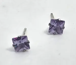 Synthetic Amethyst Princess cut silver plated stud earrings
