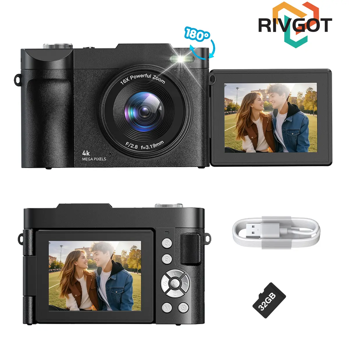 RIVGOT FHD 4K Digital Camera with 32G SD Card, USB Charging 16X Digital Zoom Camera, Portable Mini Camera for Teenagers Students Boys Girls, Point and