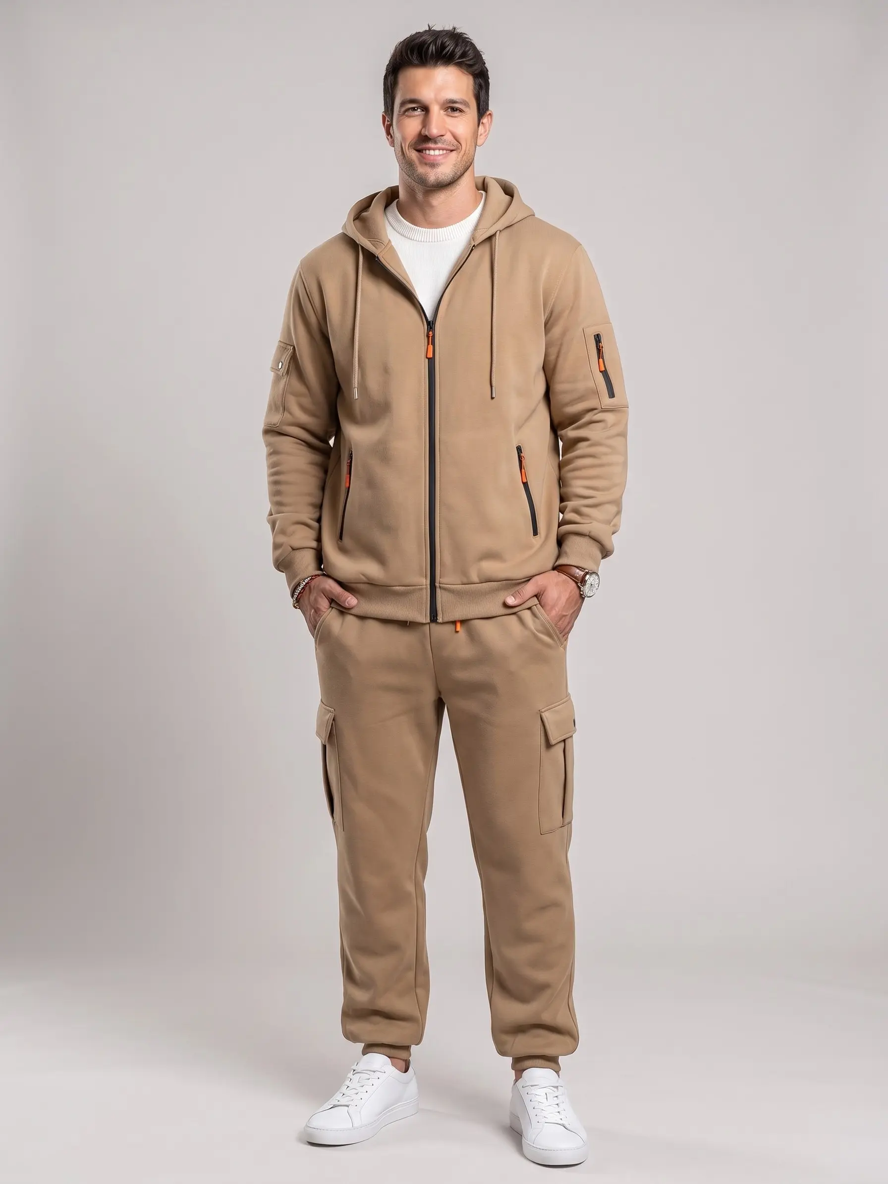 KZZ Men's 2-Piece Fleece-Lined Hoodie Sweatpants Set - Plain Loose-Fitting Hooded Top for Warmth, Cozy Fleece Top, Multi-Pocket Drawstring Pants with Embroidery, Casual Sporty Set, Multi-Pocket Carry Ease, Black, M, Athleisure Outfit