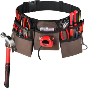 19 Pocket Brown and Black Heavy Duty Construction Tool Belt, Work Apron, Tool Pouch, with Poly Web Belt Quick Release Buckle - Adjusts from 33” Inches All the Way to 50” Inches