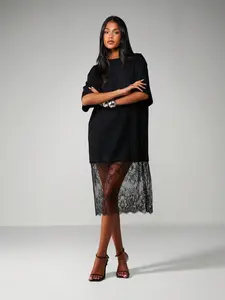 Women’s Oversized T-Shirt Dress with Lace Hem – Trendy Casual Loose Mini Dress