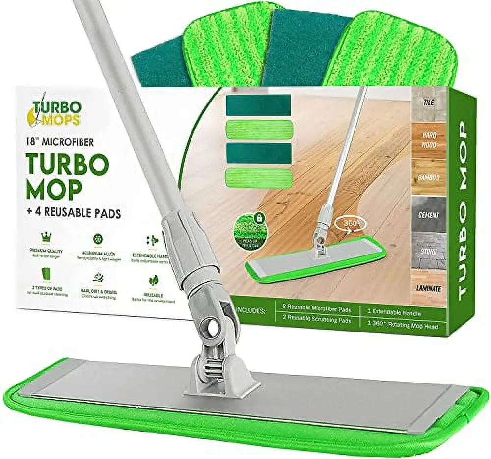 Turbo Microfiber Mop Floor Cleaning System - 18-inch Dust Mop with 4 Reusable Pads for Hardwood and Tile, 360-Spin Floor Mop Head & Extendable Handle