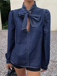 Elegant Fashion Women's Denim Blouse, Long Sleeve High Neck Tie Design, Loose-Fitting Spring & Fall Top, Unique Style Jean Shirt