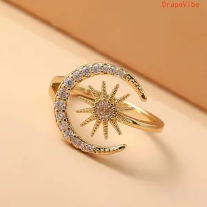 Moon And Sun Zirconia Ring Adjustable Index Finger Band Stylish Fashion Jewelry For Adults