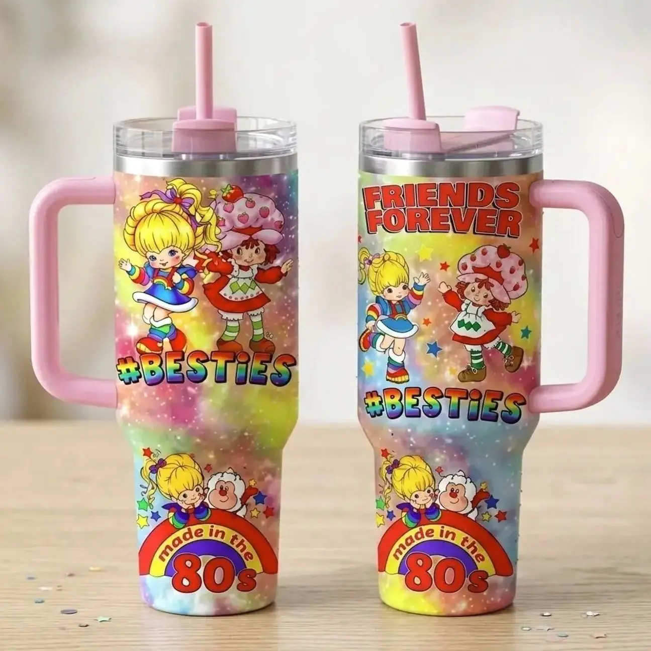 Retro 80s Strawberry Shortcake & Rainbow Brite Cartoon Stainless Steel Insulated 40oz Tumbler with Handle/ 20oz Straight Cup, Retro Cartoon Fan Gifts ZPY2Y