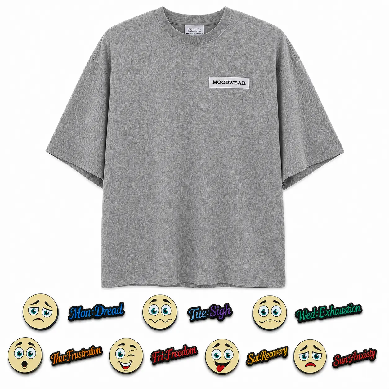 Women's Crew Neck 100% Cotton Oversized Graphic T-Shirt with 7 Interchangeable Mood Patch Sets, Graphical Print