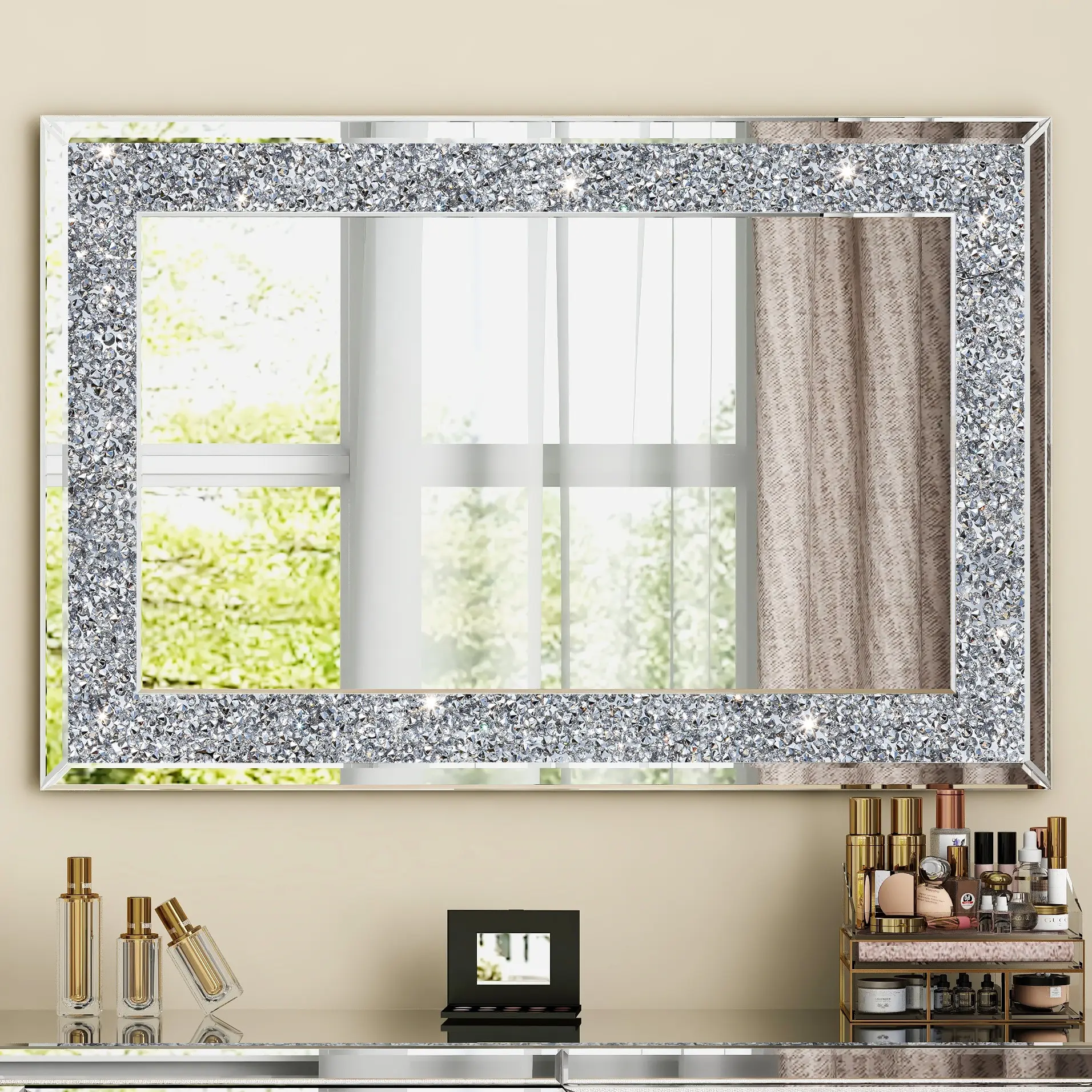 SHYFOY Crystal Mirrors for Wall Decor 35.4"X23.6" Decorative Wall Mirror Rectangle Silver Sparkly Crush Diamond Hanging Wall-Mounted Mirror