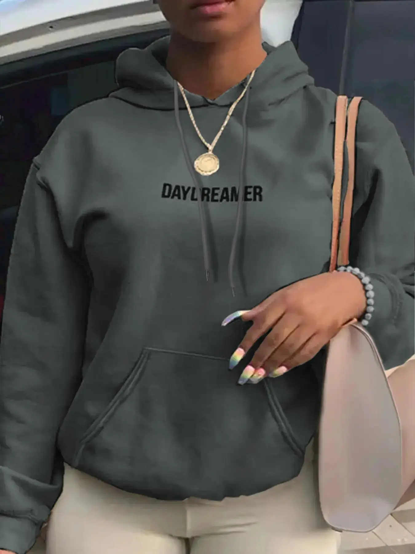 Lovelywholesale Women's Letter Print Drop Shoulder Hoodie, Vintage Pocket Drawstring Hooded Sweatshirt, Women Clothes, Positive Slogan Hoodies