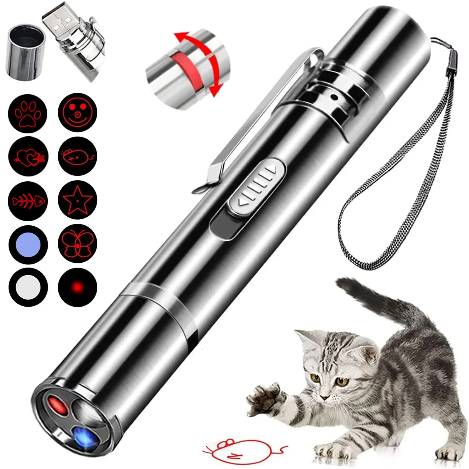 New 10-In-1 Pet Multi-Functional Laser Pointer Cat Toy, Dot Chasing Light, USB Rechargeable, 3 Modes, 8 Adjustable Patterns, Indoor Dog Cat Play