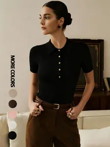 Summer women's new knitted short sleeved top, light luxury retro Vintage Formal outfit for banquets, solid color mature style paired with jeans, single breasted casual pullover slim fit top for women