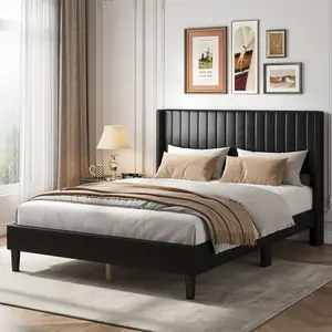 Bed Frame with Vertical Channel Tufted Wingback Headboard, Upholstered Platform Bed with Wood Slats,  Easy Assembly
