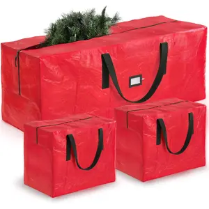 Christmas Tree Storage Bag - With 2 Ornaments Accessories/Garland Bags - Fits 7.5 Ft Trees - Plastic, Waterproof Christmas Tree Bag For Storage Box For Xmas - Strong, Durable Handles - Red