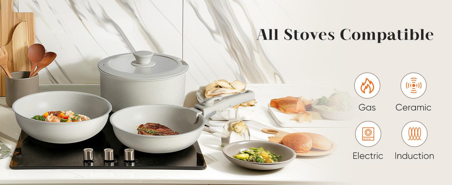 12 Pcs Pots and Pans Set, White Granite Nonstick Cookware Sets Detachable Handle, Stackable Induction Kitchen Cooking Set, Stain & Scratch-resistant 12 Pcs Pots and Pans Set, White Granite Nonstick Cookware Sets Detachable Handle, Stackable Induction Kitchen Cooking Set, Stain & Scratch-resistant