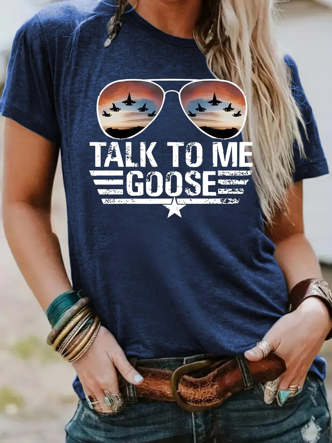 Women's "TALK TO ME GOOSE" Print Round Neck Tee, Vintage Trendy Casual Streetwear Short Sleeve T-shirt for Daily Wear, Ladies Summer, Womenswear