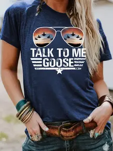 Women's "TALK TO ME GOOSE" Print Round Neck Tee, Vintage Trendy Casual Streetwear Short Sleeve T-shirt for Daily Wear, Ladies Summer, Womenswear