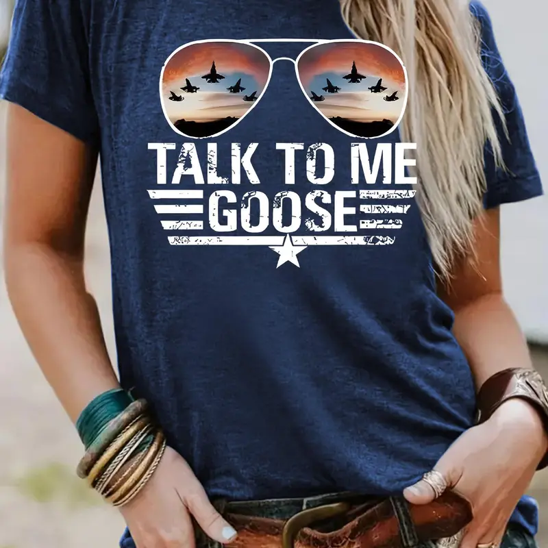Women's "TALK TO ME GOOSE" Print Round Neck Tee, Vintage Trendy Casual Streetwear Short Sleeve T-shirt for Daily Wear, Ladies Summer Top