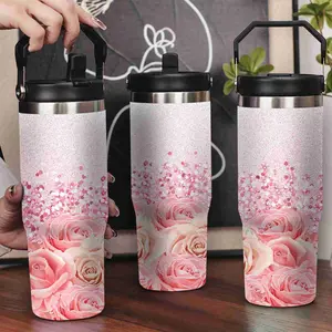30oz Stainless Steel Insulated Tumbler with Leak-Proof Lid & Portable Handle - Roses Glitter Pattern, Long-Lasting Hot/Cold Insulation, Personalized Winter Tumbler for Her/His, new year gifts & Valentine gifts, wedding gift