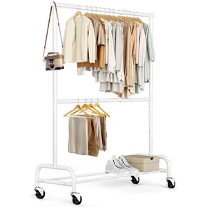 Heavy Duty Clothing Racks for Hanging Clothes Rack Double Rod Garment Rack Rolling Closet Wardrobe on Wheels, Metal, Adjustable (White)