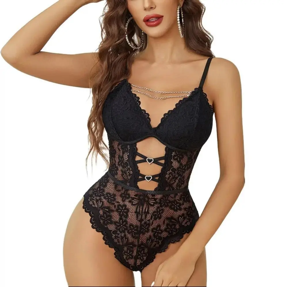 Avidlove Lingerie for Women Lace Bodysuit with Chain V Teddy Lingerie Rhinestone Cut Out One Piece Babydoll Nightgown