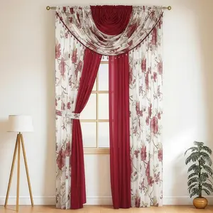 Laura Collection Complete Window Sheer Voile Curtain Panel Set with 4 Attached Panels 55" x 84" & Valances with Beads and 2 Tiebacks - Easy Installation - Multicolor Flower Rose Burgundy