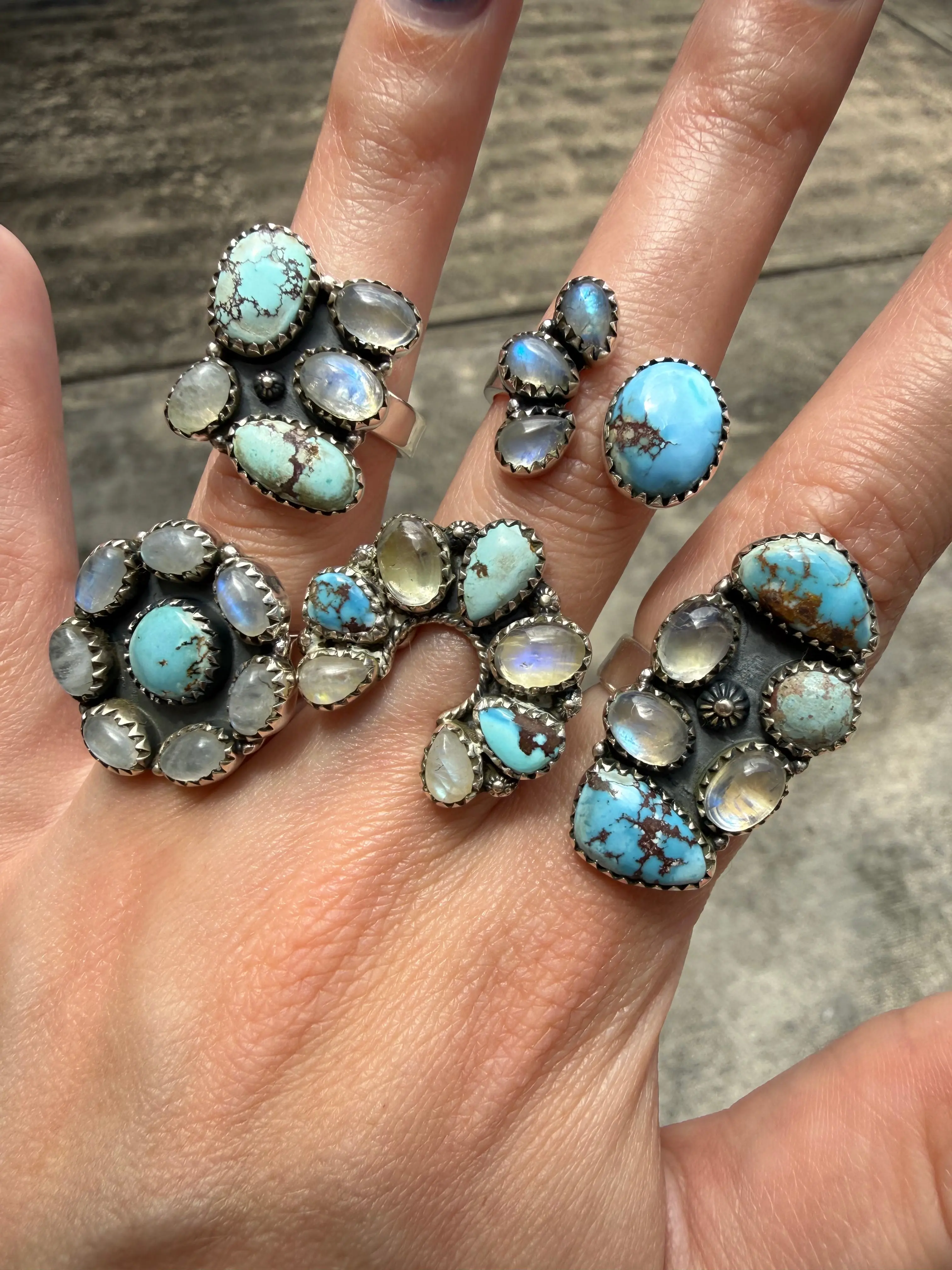 Rainbow Moonstone and Golden Hills Turquoise Adjustable Sterling Silver Ring