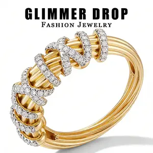 Geometric Wrap Ring - Gold Alloy Micro-Pavé Cubic Zirconia Ring | Viral Women's Minimalist Light Luxury Daily Party Statement Finger Jewelry Cubiczirconia