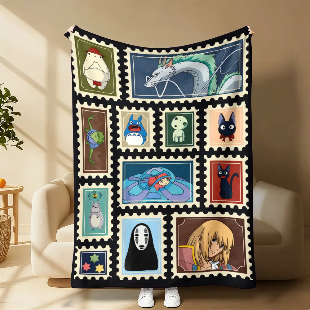 Studio Ghibli Classic Anime Character Stamp Collage Fleece Throw Blanket - Totoro, No-Face, Haku, Kiki, Ponyo Vintage Print - Soft Warm Whimsical Home Decor for Bedroom Couch - Perfect Gift for Anime Fans - Home & House Decor Essential