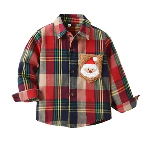 Toddler Boy Christmas Plaid Shirt Santa Claus Embroidery Lapel Collar Button Down long Sleeve Jacket Coats Kid Little Boys Xmas Dress Shirt 2-7Y
