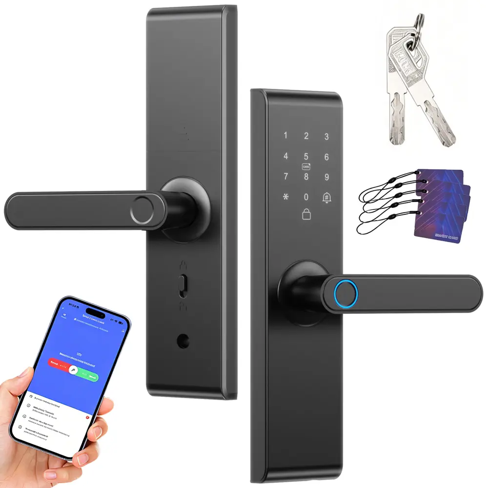 Smart Fingerprint Door Lock with Handle, Keyless Entry Front Door Lock for Narrow Stile Doors, 5050 Mortise (1.97" Backset), Biometric Lever Lock with Doorbell, IC Card, App Control -Black