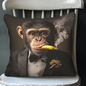 Funny Suit Monkey Banana Cigar Pillow Cover, Creative Fun Decorative Cushion Case, 18x18 Inches, Living Room Bedroom Sofa Decoration