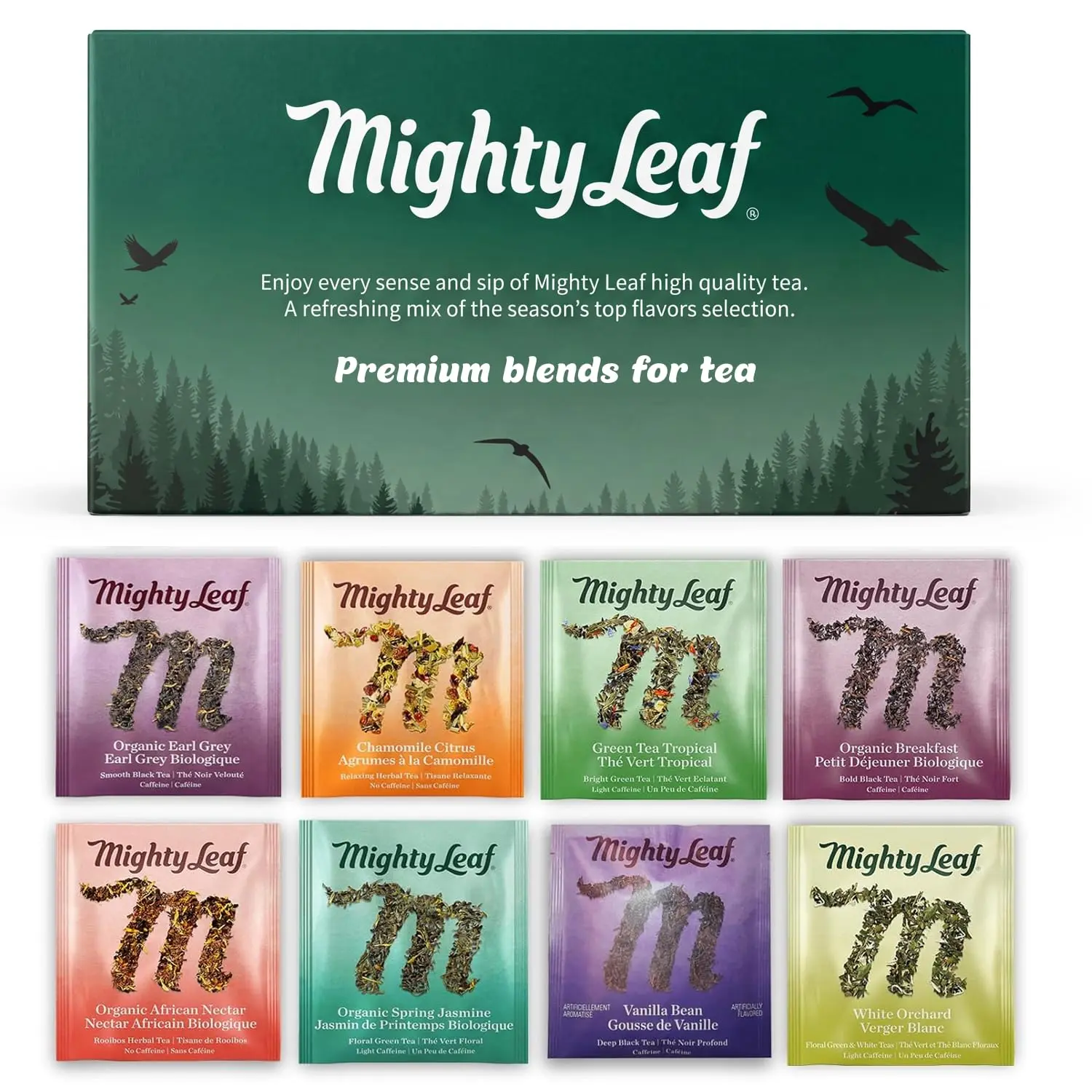 Mighty Leaf Tea Sampler - Assorted Flavors: Tropical Green - 40 Count Tea Pouches - Premium Black Tea with Rich Flavor - Individually Wrapped Tea Bags